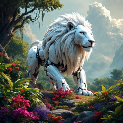 Primary subject: A white lion with a mechanical body, standing in a flower-filled forest.

Setting/background: The lion is standing on a rock in a forest filled with flowers.

Visual style: The image is a digital artwork, featuring a lion with a mechanical body.

Colors and mood: The image has a vibrant and lively atmosphere, with the white lion and the colorful flowers creating a sense of wonder and magic.